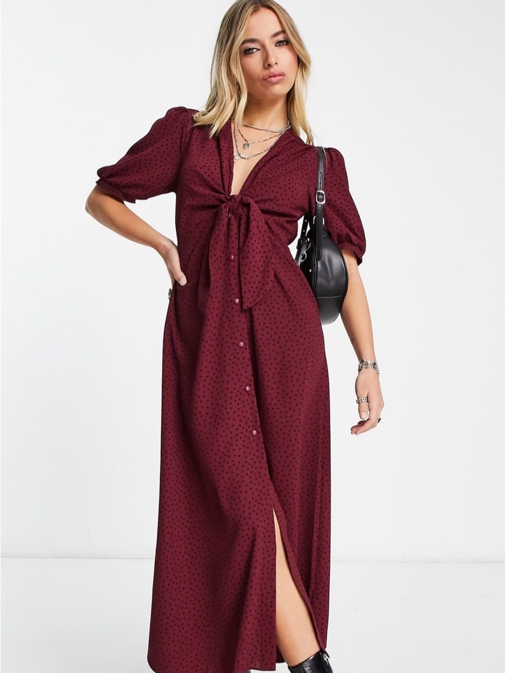 ASOS DESIGN tie front midi dress in burgundy polka dot Burgundy & Black Polka